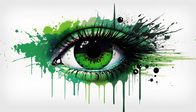 Artistic Expression: Human Eye Close-Up with Green Paint, Ink Splashes, and Drips, Generative AI
