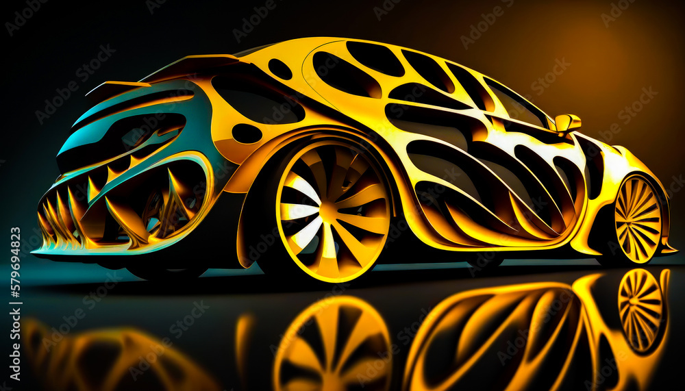 Poster 3d rendering of car in gold and black. generative ai.