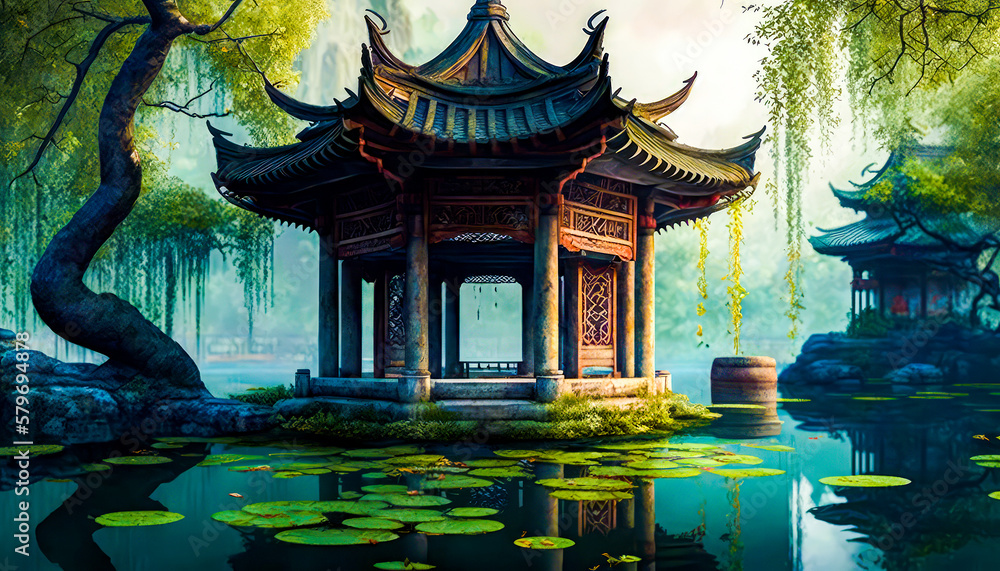 Poster gazebo in the middle of pond with lily pads. generative ai.