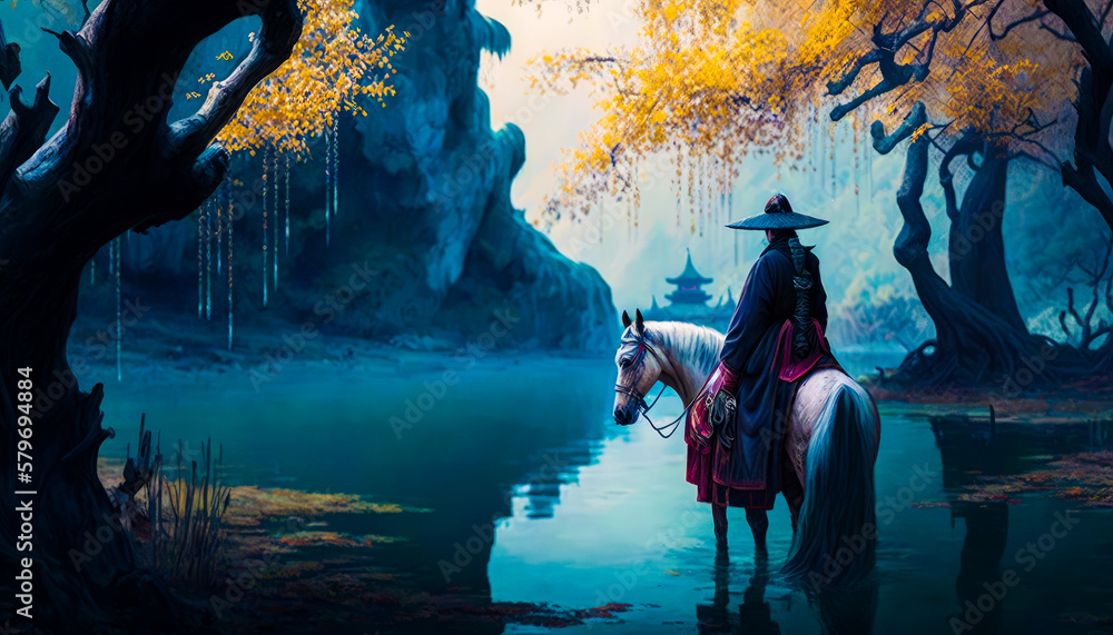 Poster man riding horse in the water next to tree. generative ai.