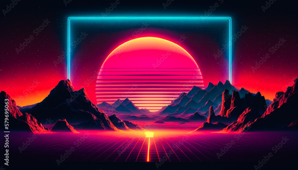 Poster an image of neon landscape with mountains in the background. generative ai.