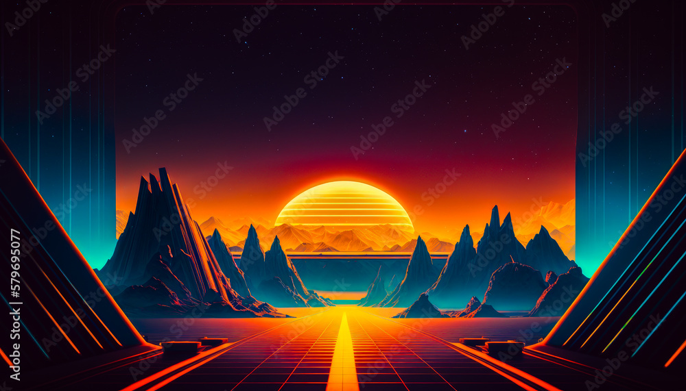 Poster an image of futuristic landscape with mountains in the background. generative ai.