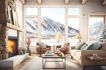Living room with fireplace, mountain chalet interior. Winter, snowy landscape view out of window. Generative AI
