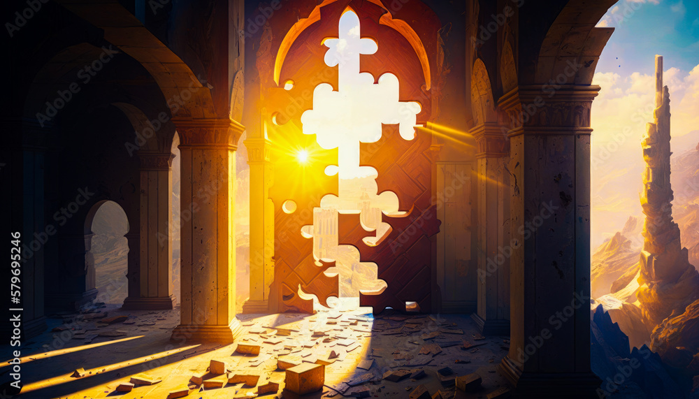 Aufkleber the sun is shining through an open door in the middle of desert. generative ai.