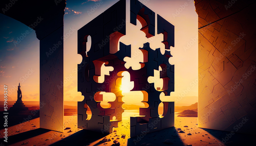 Poster an image of large puzzle piece in the desert. generative ai.