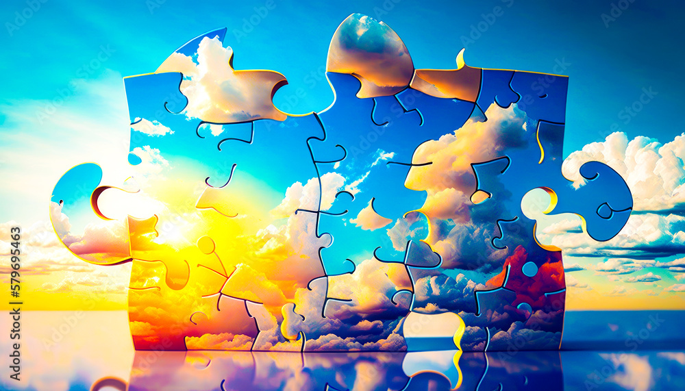 Poster puzzle piece with clouds in the sky. generative ai.