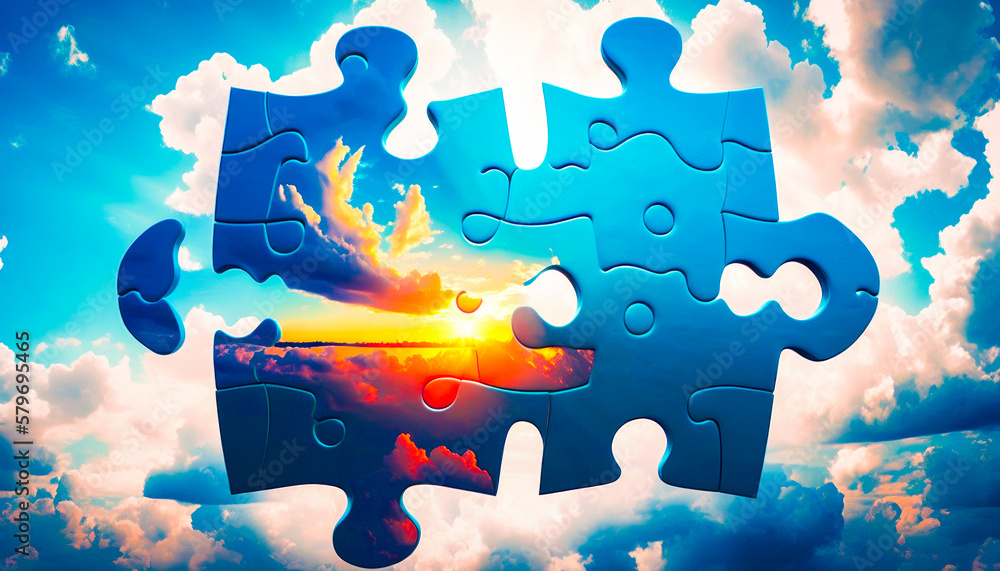 Poster puzzle piece with the sun and clouds in the background. generative ai.