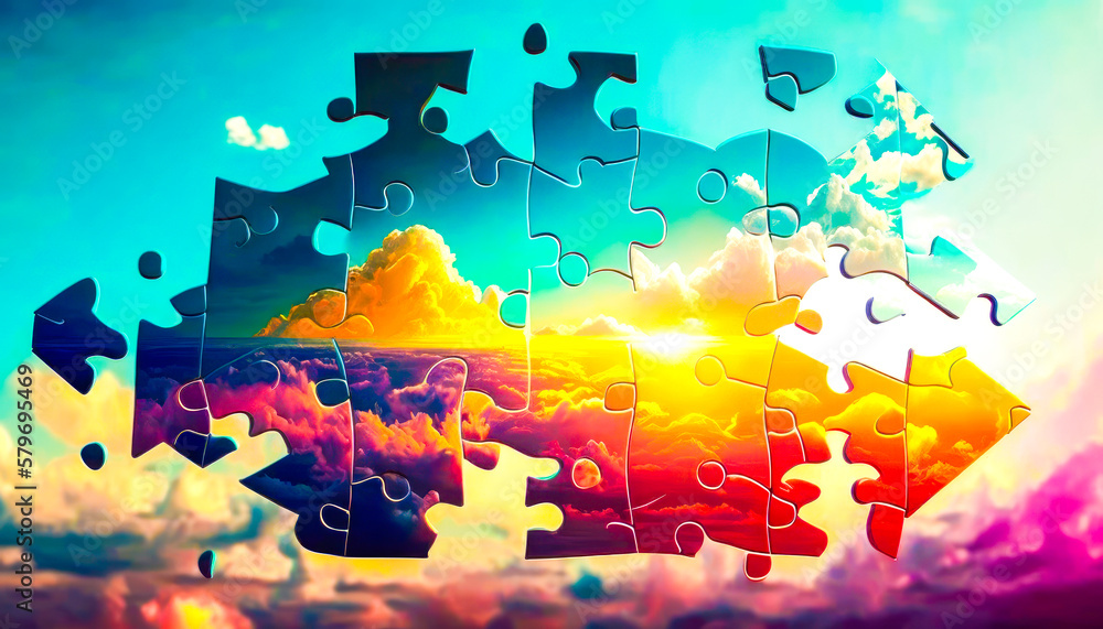 Poster puzzle pieces with clouds and sun in the sky. generative ai.