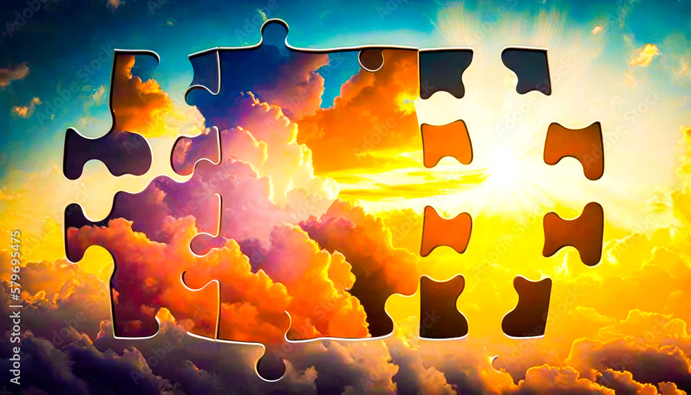 Poster puzzle piece with clouds and sun in the background. generative ai.