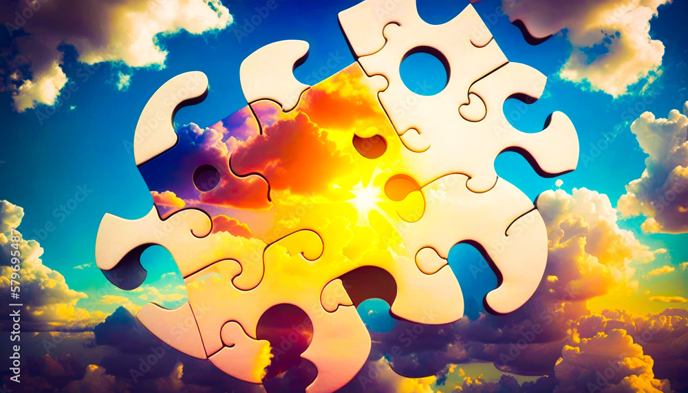 Poster puzzle piece in the sky with clouds. generative ai.