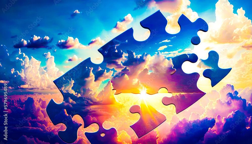 Poster puzzle piece in the sky with clouds. generative ai.