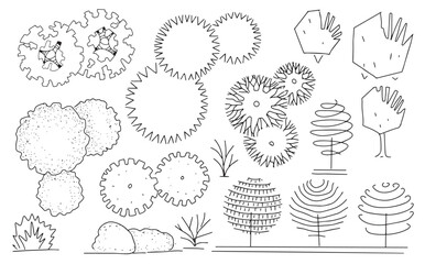 Landscape trees in terms of graphics hand drawn architectural design of the site decoration shrubs sketchy set large on a white background black and white doodle sketch