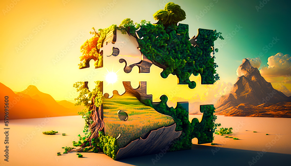 Poster an image of puzzle piece with trees and grass. generative ai.