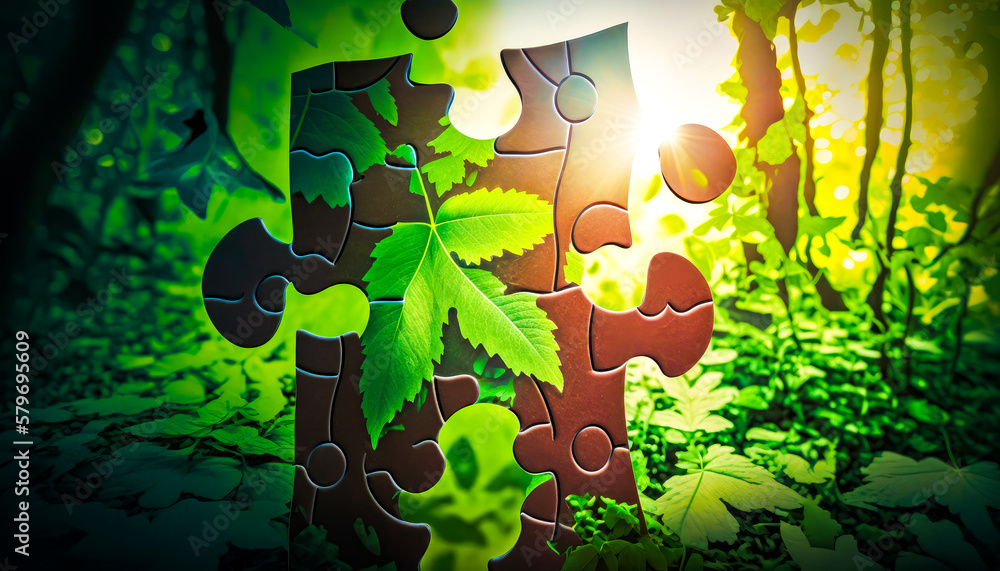 Poster puzzle piece with leaves on it in the middle of forest. generative ai.