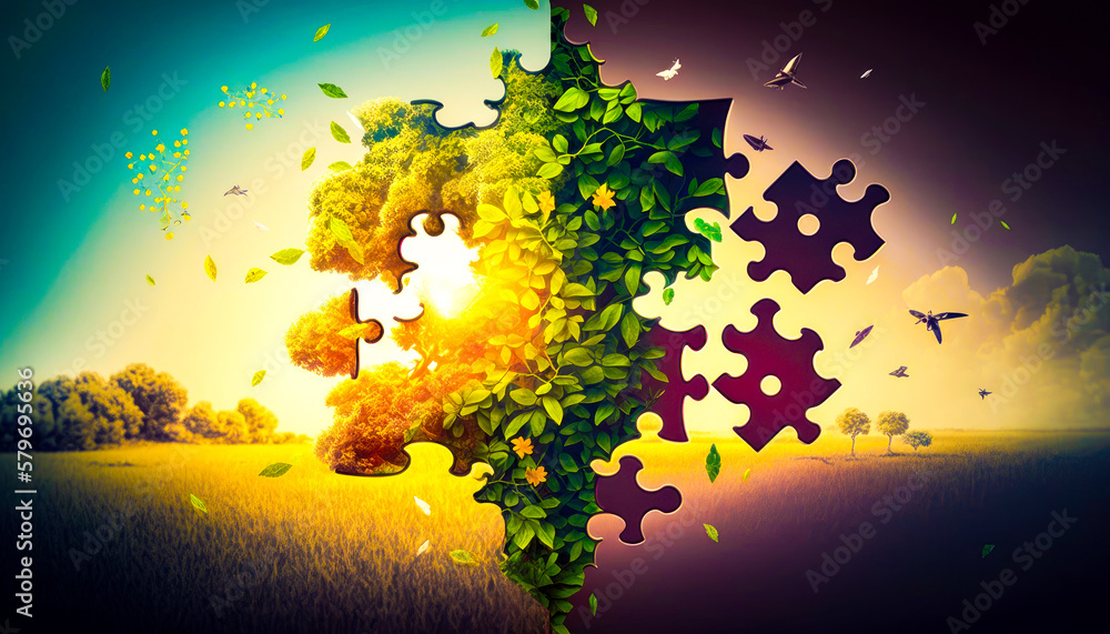 Poster an image of puzzle piece with leaves and trees. generative ai.