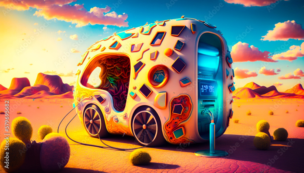 Poster an artistic rendering of car in the desert. generative ai.