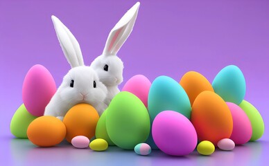 Obraz na płótnie Canvas Happy Easter day, Colorful eggs and two bunnies, 3d render 8k