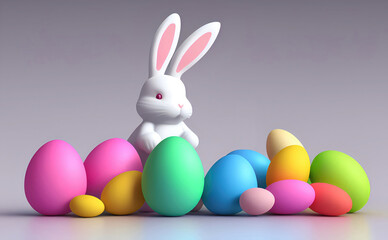 Obraz na płótnie Canvas Happy Easter day, Colorful eggs and a bunny, 3d render 8k
