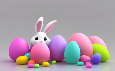 Fototapeta na wymiar Happy Easter day, Colorful eggs and a bunny, 3d render 8k 