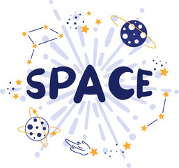 Ready-made banner with the inscription space and a set of space elements, planets, stars, constellations, a flying saucer. Сhildren's illustrations on a space theme, spaceships