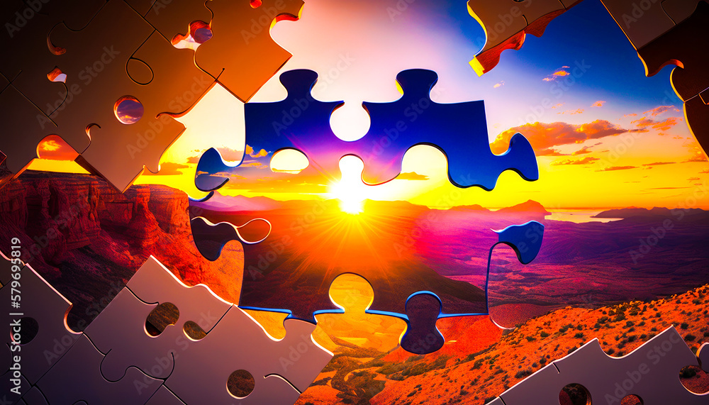Poster puzzle piece with the sun setting in the background. generative ai.