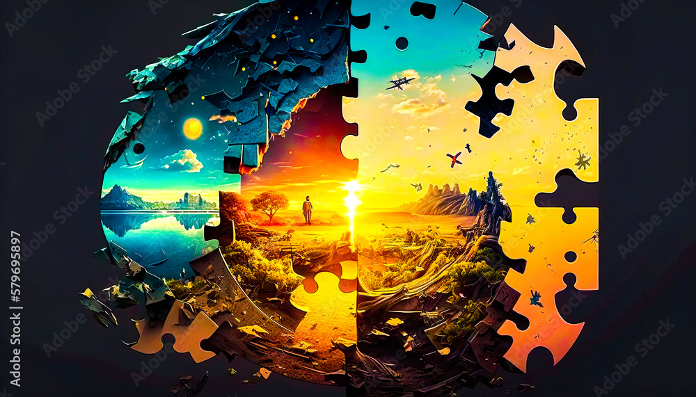 Poster puzzle piece with an image of sunset. generative ai.