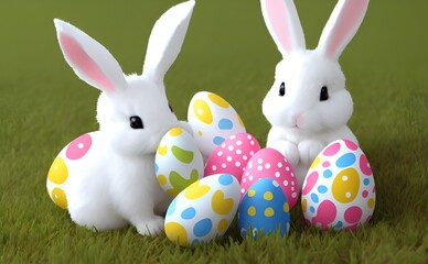 Happy Easter day, Colorful eggs and two bunnies, 3d render 8k