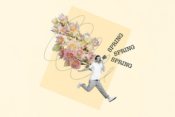 Spring Spring Spring Collage picture of young guy runner screaming out loudspeaker share fresh...