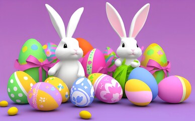 Obraz premium Happy Easter day, Colorful eggs and two bunnies, 3d render 8k
