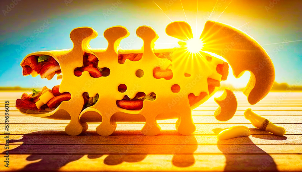 Poster an image of piece of pizza with the sun in the background. generative ai.