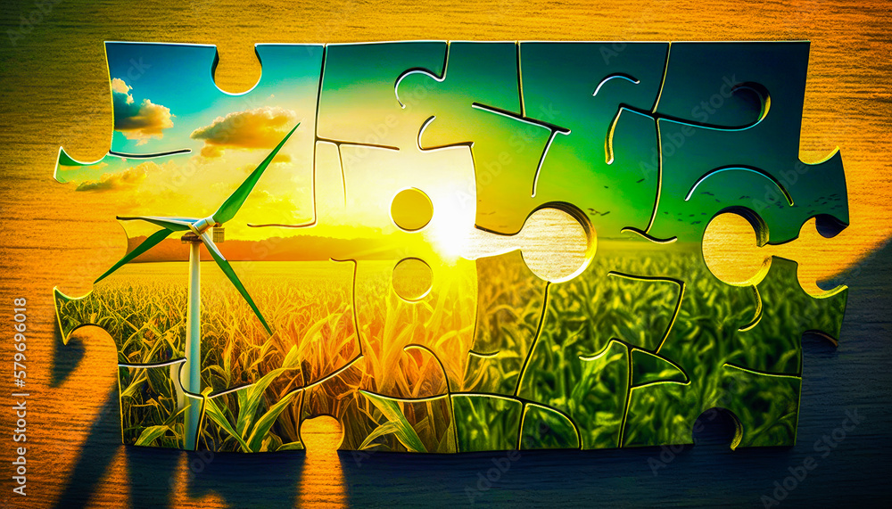 Poster puzzle piece with wind turbine in the middle. generative ai.