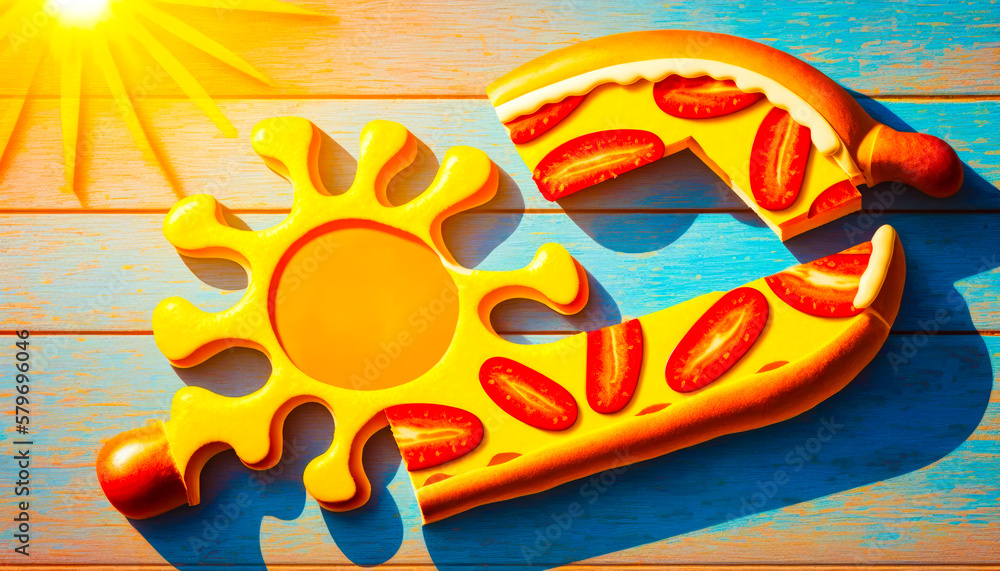 Poster slice of pizza with sun in the background. generative ai.