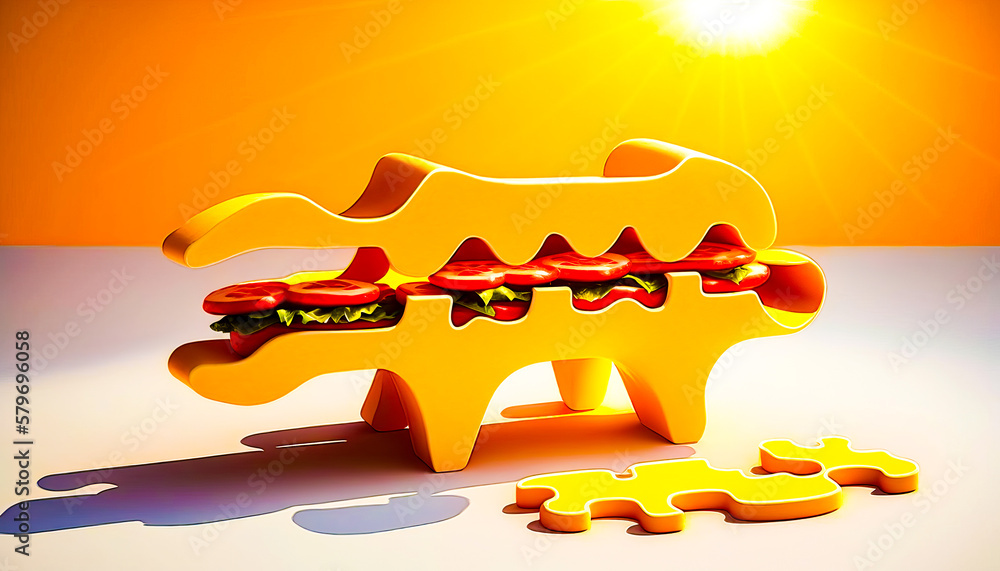 Poster 3d model of hot dog with slice of cheese on it. generative ai.