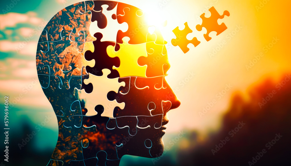 Aufkleber an image of person's head with puzzle pieces in it. generative ai.