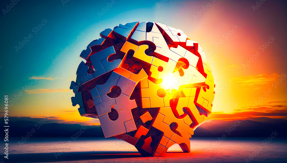 Poster 3d image of brain with puzzle pieces. generative ai.