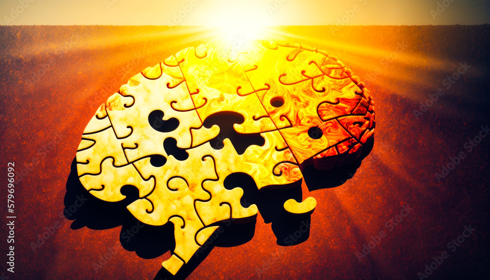 Poster an image of puzzle piece with the sun shining through it. generative ai.