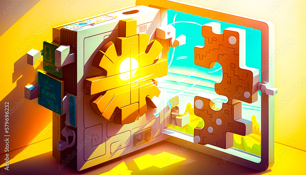 Poster an illustration of an open book with puzzle pieces inside. generative ai.