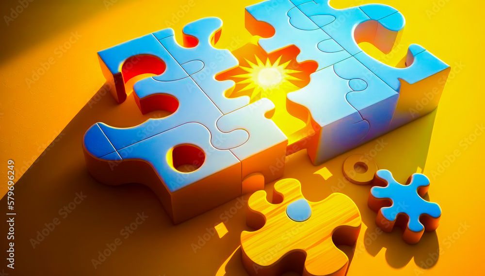 Poster an image of puzzle piece with the sun shining through it. generative ai.