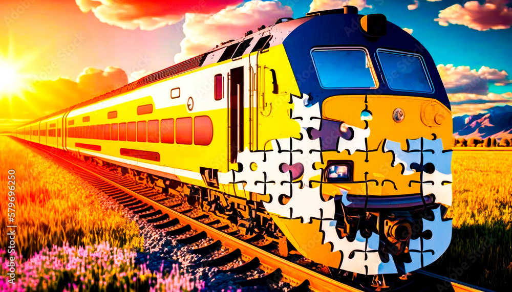 Aufkleber train with puzzle pieces on it in the sun. generative ai.