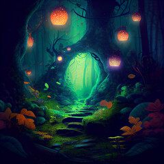 Magic forest in the night. Generative AI illustration.
