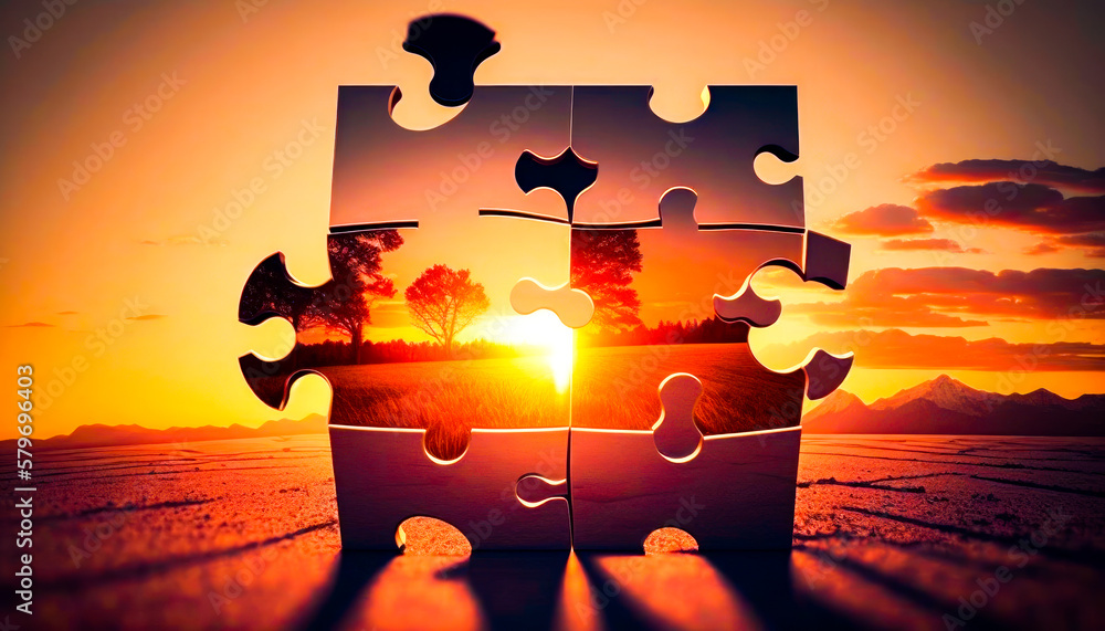 Poster puzzle piece with the sun setting in the background. generative ai.