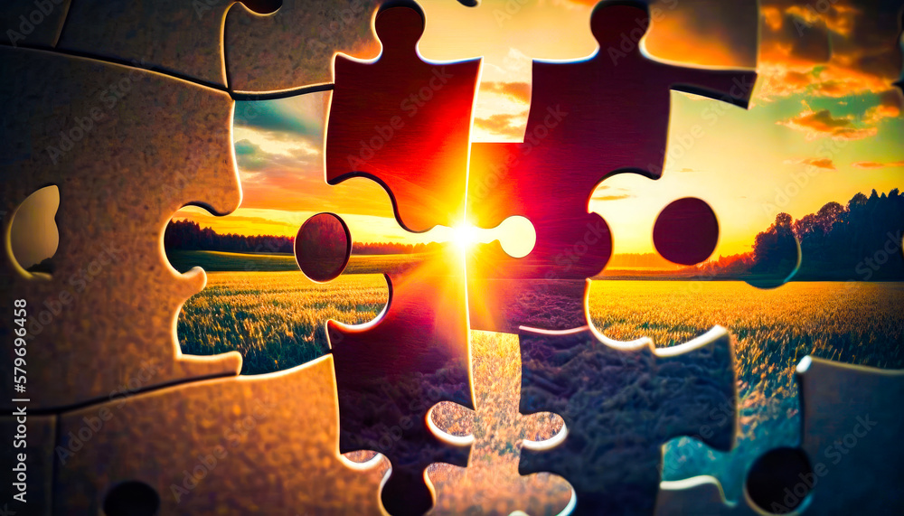 Poster puzzle piece with the sun setting in the background. generative ai.