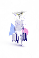 Collage photo of young headless stressed tourist hold baggage bags dissatisfied absurd rainy...