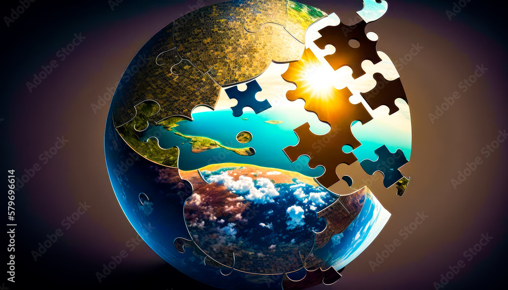 Poster an image of the earth with pieces of puzzle in it. generative ai.