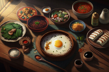 Main korean food on the table egg dish rice feast spice seasoning ingredient