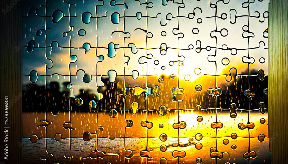 Poster jigsaw puzzle with the sun setting in the background. generative ai.