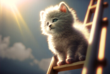 Fototapeta premium Curious kitten climbing the ladder to the sky with clouds. Cute tiny cat on the stairway. Generated AI.