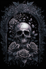 Fototapeta premium Gothic Skull with Black Roses Dark and Moody Artwork Skull PNG | AI Generated