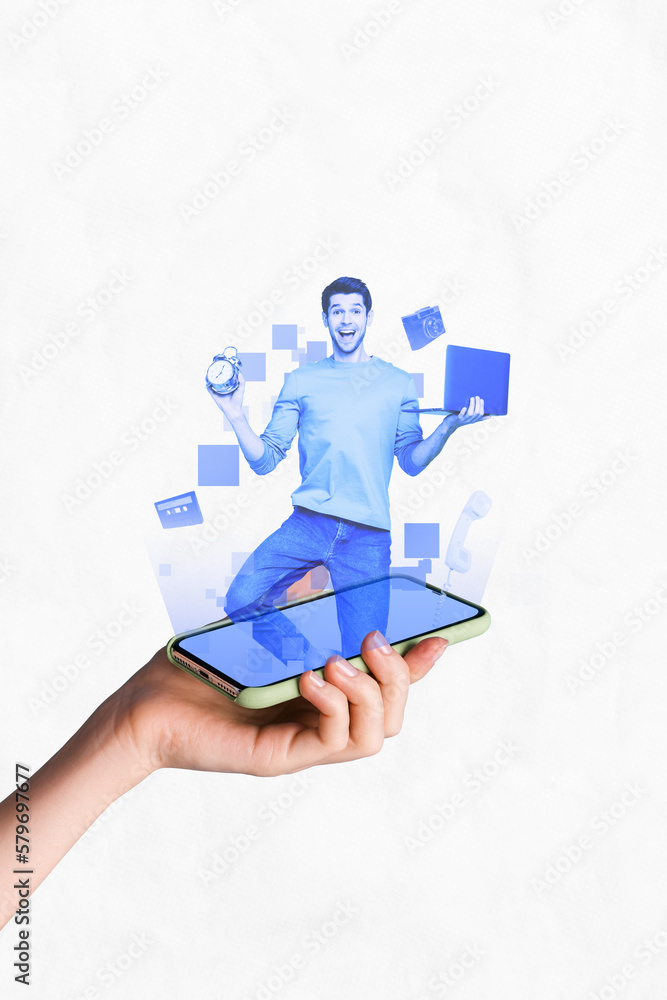 Poster excited hologram man phone notification time arrangement helper personal assistant artificial intell