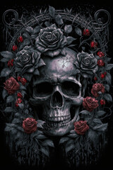 Naklejka premium Gothic Skull with Black Roses Dark and Moody Artwork Skull PNG | AI Generated